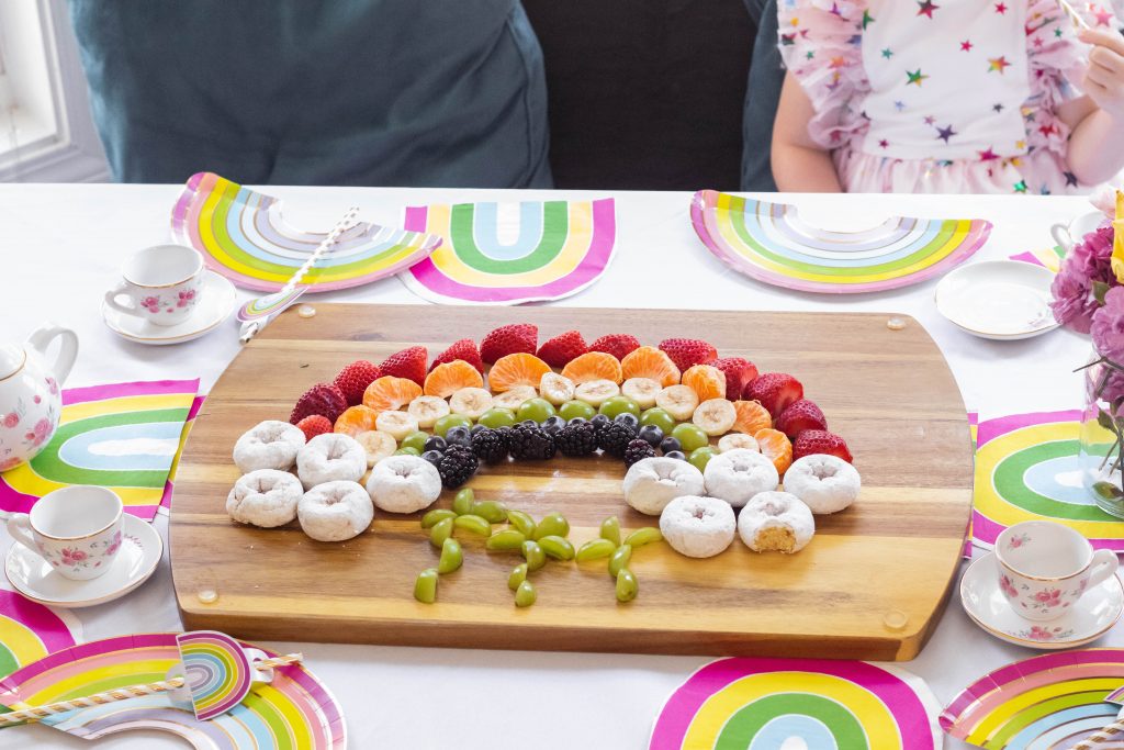 rainbow fruit platter for St. Patrick's Day Toddler Tea Party