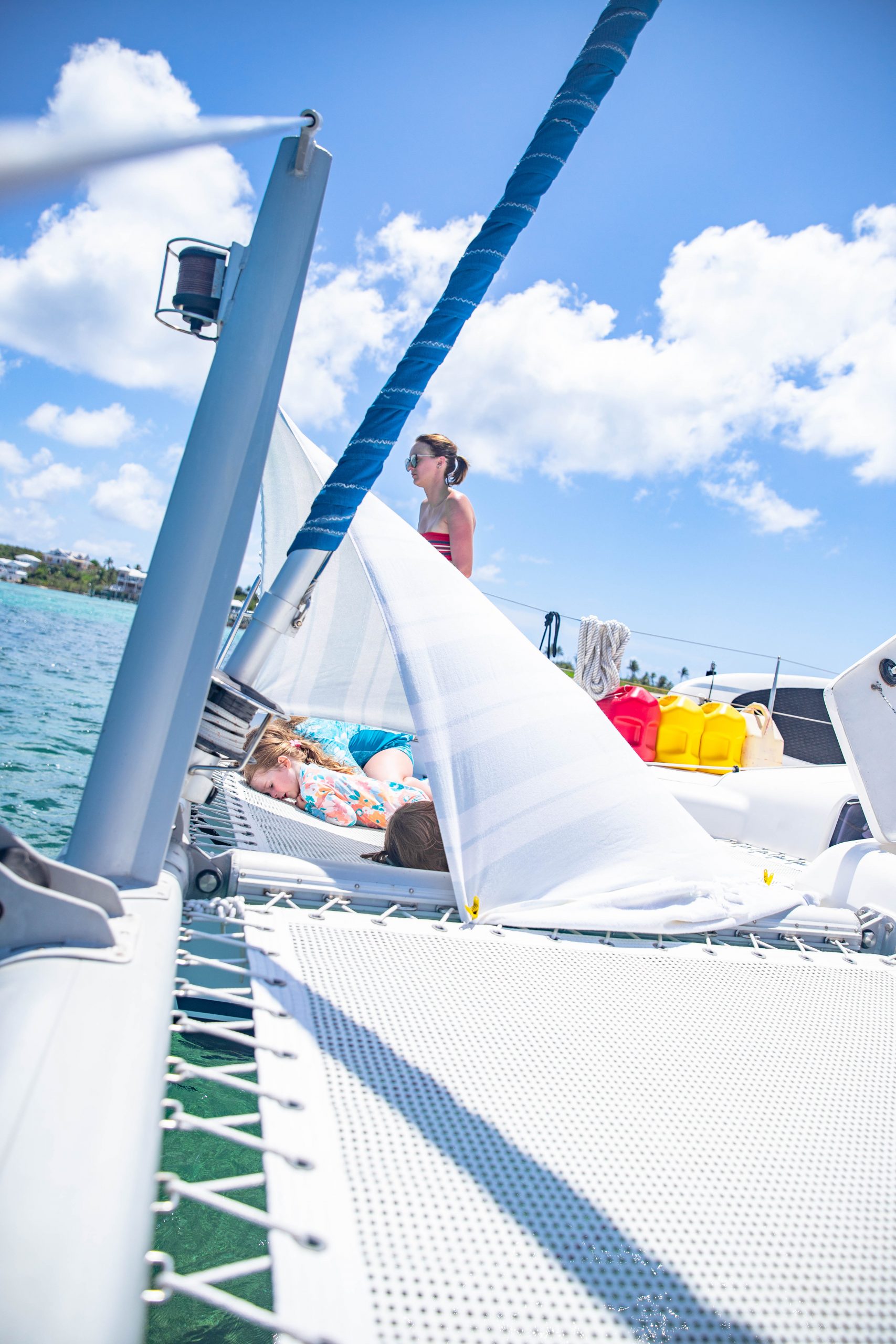 Nicki Odom daughters on sailing catamaran Hope Town Bahamas